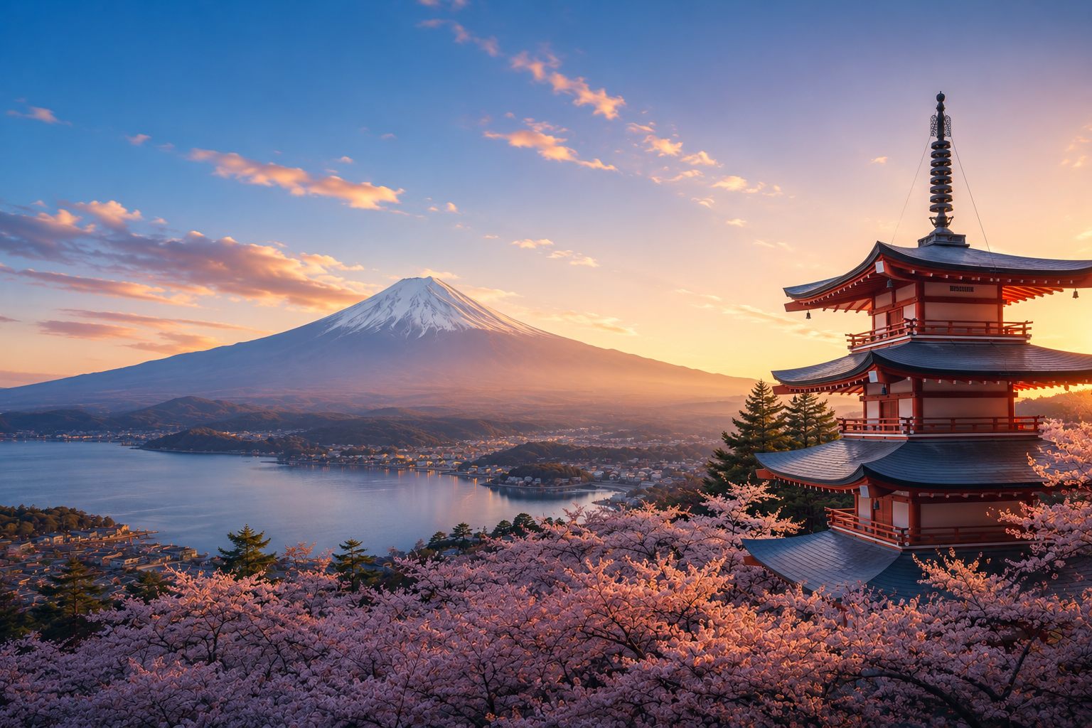 Mount Fuji with pagoda and cherry blossoms at sunset